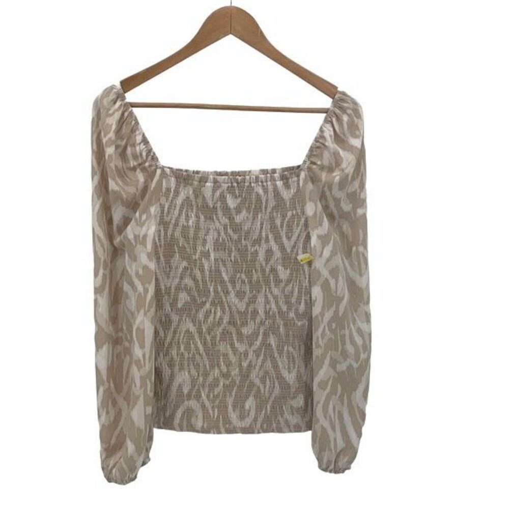 Halogen Womens Square Neck Variegated Smocked Puff Sleeve Blouse Tan Medium NWT‎